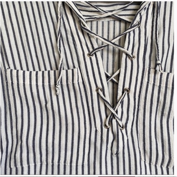 The Kooples Womens Blouse Popover Shirt Top sz 2 /M White Blue Striped Lace Up - Picture 6 of 16